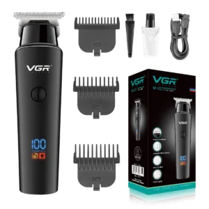 VGR V-937 professional hair and beard trimmer in black with guide combs, brush, USB cable and box