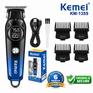 Kemei KM-1359 professional hair and beard trimmer with LCD display, four guide combs, USB cable, brush and box