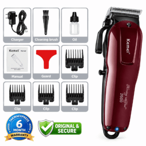 Kemei KM-2600 red rechargeable hair clipper with charger, guide combs, brush, oil and manual