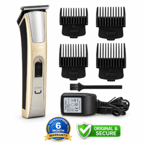 Kemei KM-5017 rechargeable hair trimmer with four limit combs, cleaning brush and charging adapter